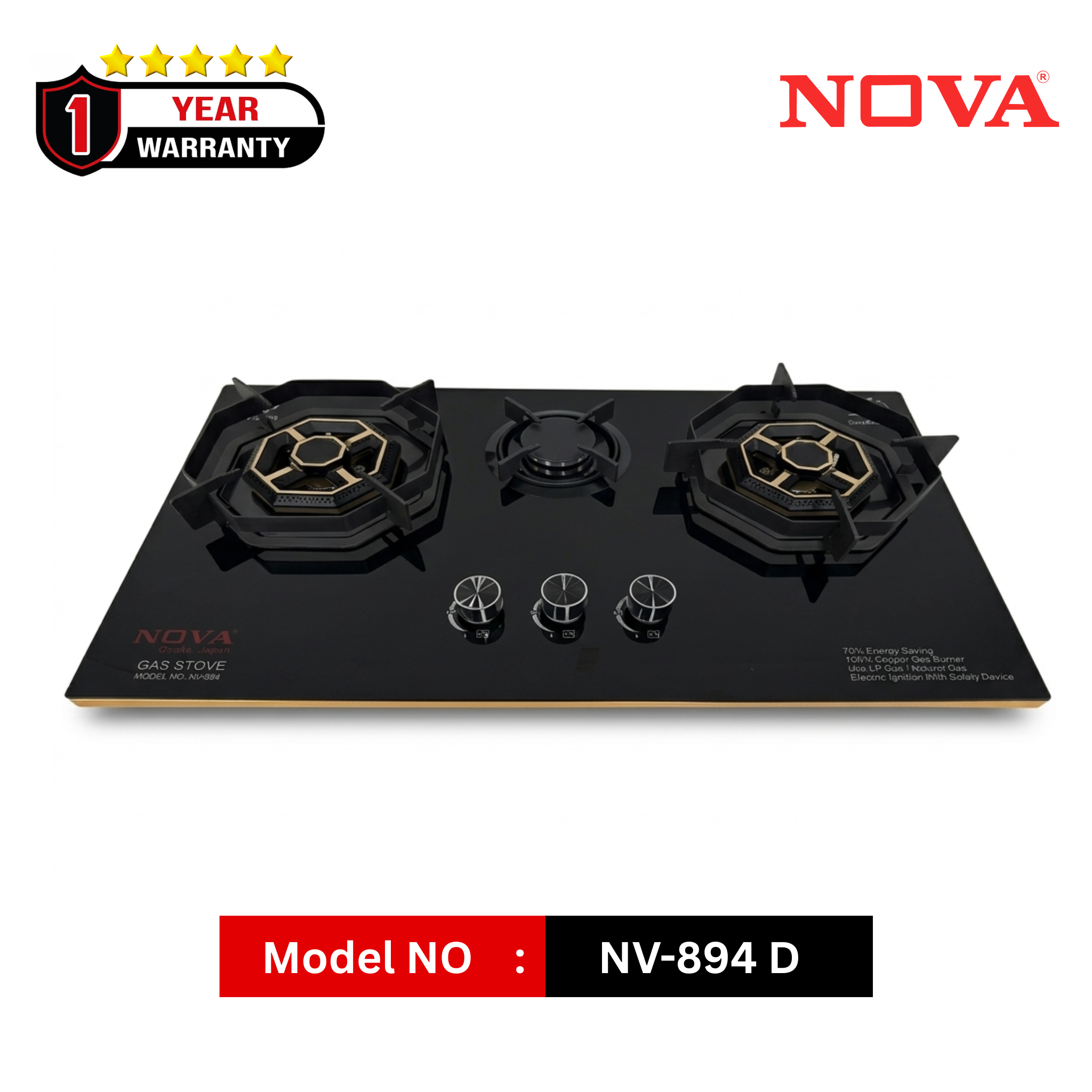 NOVA NV-894 Shining Glass Three Burner Gas Stove